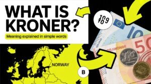 Design a high CTR Pinterest pin (1000x1500) with bold, eye-catching layout. Use a split background: one side shows European map highlighting Denmark and Norway, other side shows currency close-up. Add large bold headline: “What Is Kroner?” Add subheading: “Meaning Explained in Simple Words” Use bright contrast colors (yellow, black, white). Add arrows, circles, and highlight effects to draw attention. Make text extremely readable and scroll-stopping. Modern social media style, engaging, curiosity-driven design for US, UK, Canada audience.