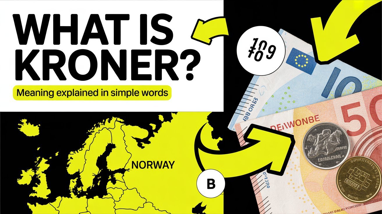 Design a high CTR Pinterest pin (1000x1500) with bold, eye-catching layout. Use a split background: one side shows European map highlighting Denmark and Norway, other side shows currency close-up. Add large bold headline: “What Is Kroner?” Add subheading: “Meaning Explained in Simple Words” Use bright contrast colors (yellow, black, white). Add arrows, circles, and highlight effects to draw attention. Make text extremely readable and scroll-stopping. Modern social media style, engaging, curiosity-driven design for US, UK, Canada audience.